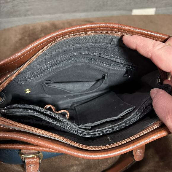 Vintage Carriage House Leather Purse Handbag Tan & Navy Many Pockets - Picture 12 of 16